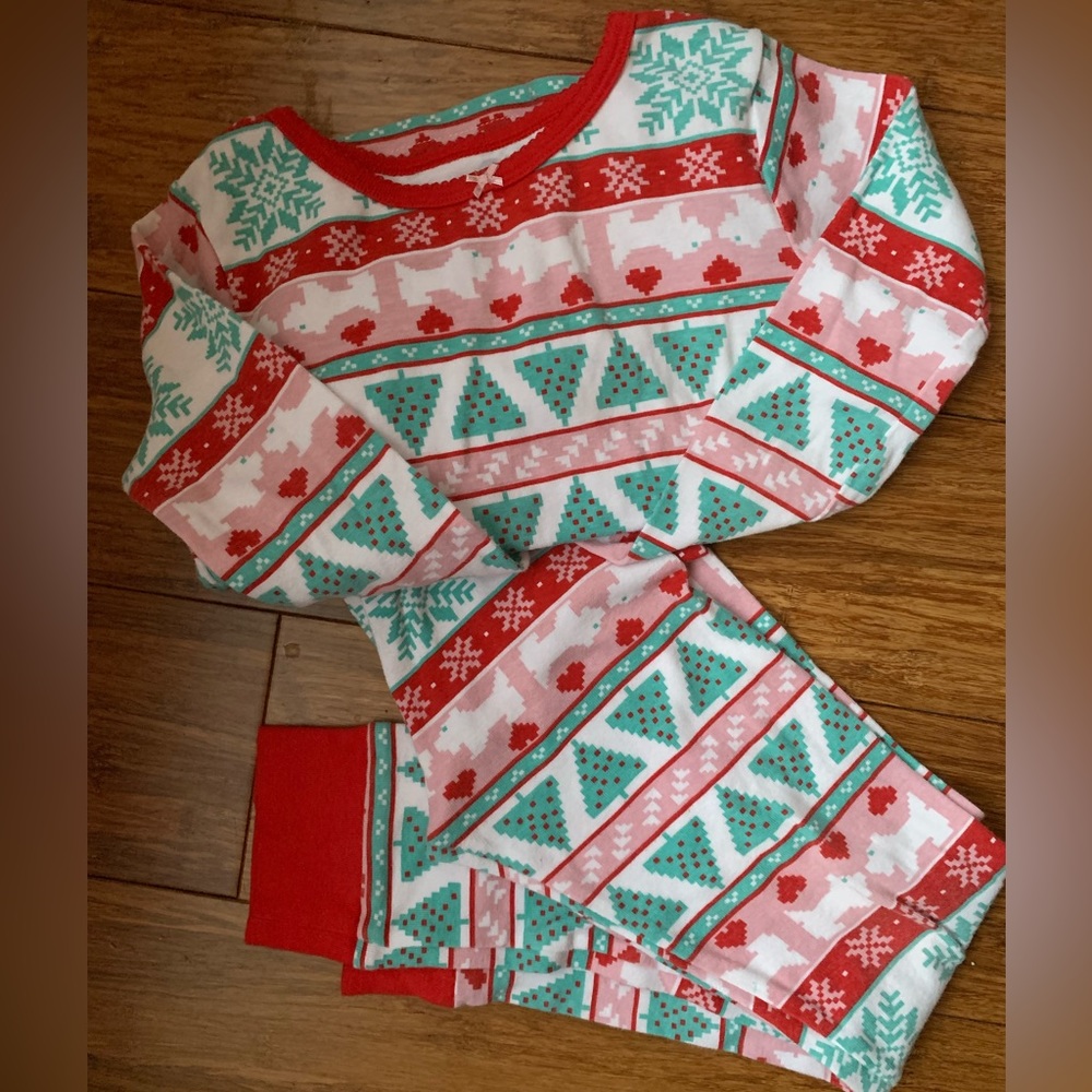 Terrier heart winter tree pajamas. Pink, red, teal and white. Carter’s pj’s.